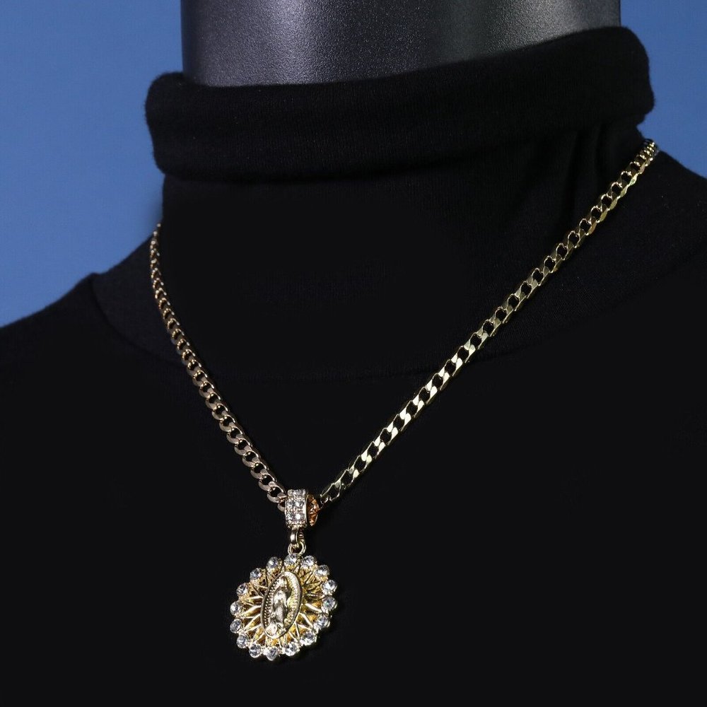 Set 14k Guadalupe Catholic 20" Cuban Necklace + Pendant - Picture 2 of 5